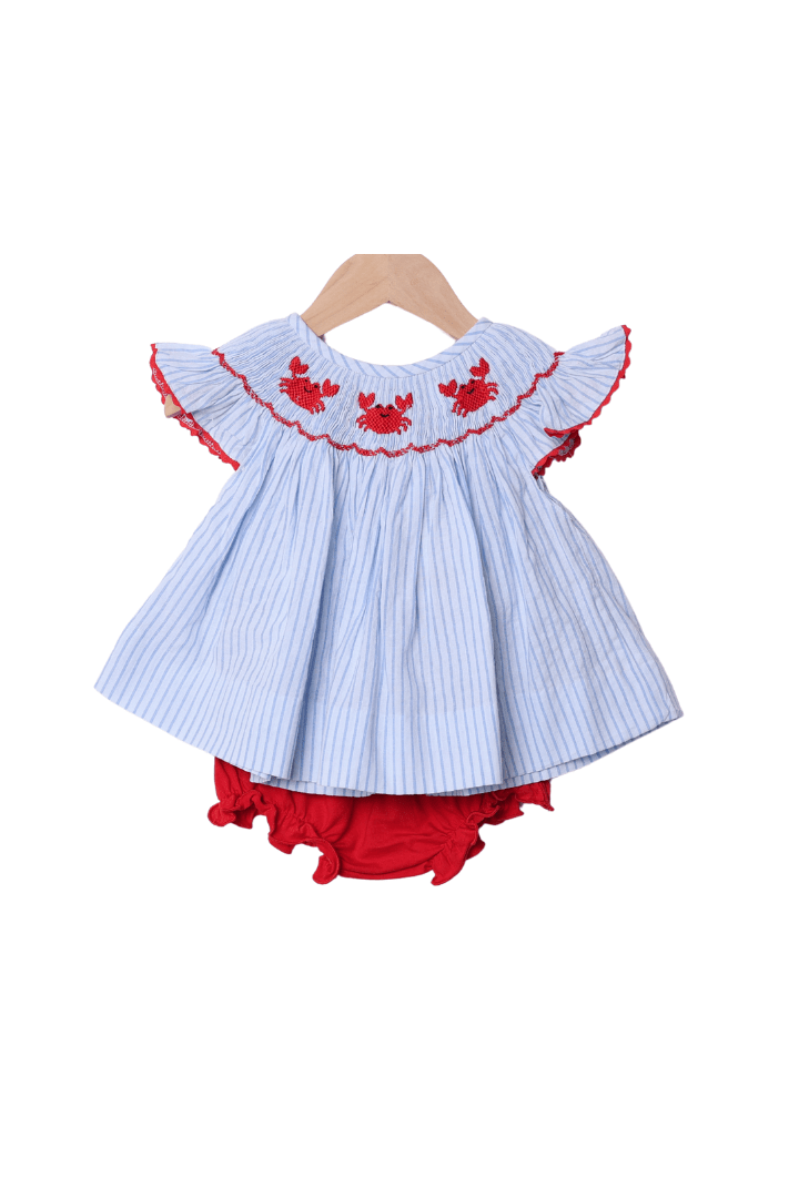 The Smocked Flamingo Apparel & Accessories Smocked Crab Blue and Red Bloomer Set