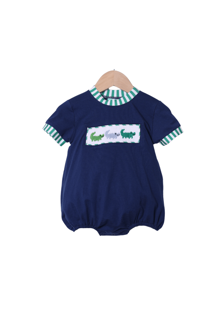 The Smocked Flamingo Apparel & Accessories Smocked Crocodile Green Stripe/Navy Bubble