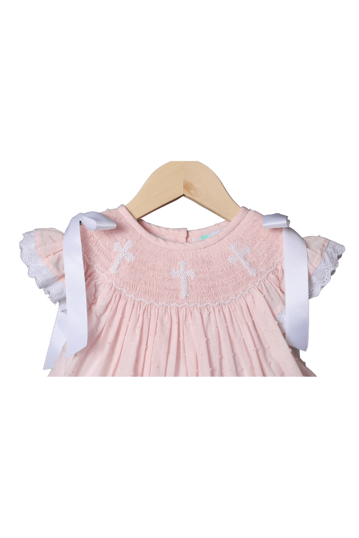 The Smocked Flamingo Apparel & Accessories Smocked Cross Pink Swiss Dot Bubble