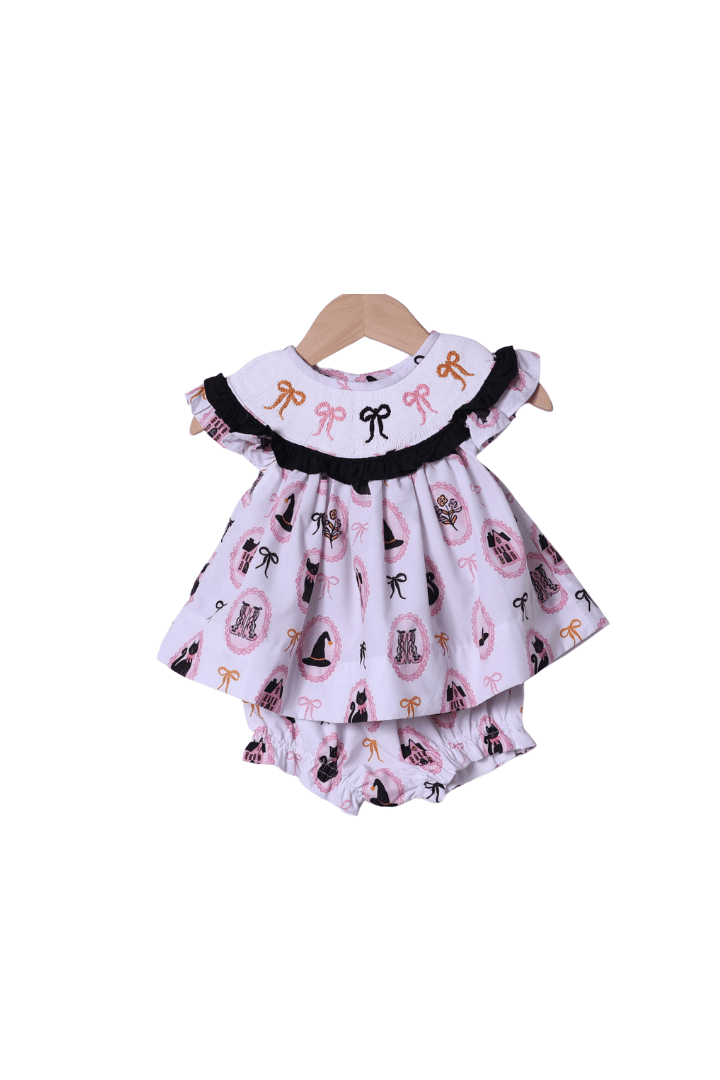 The Smocked Flamingo Apparel & Accessories Smocked Embroidered Bow Sweet and Spooky Bloomer Set