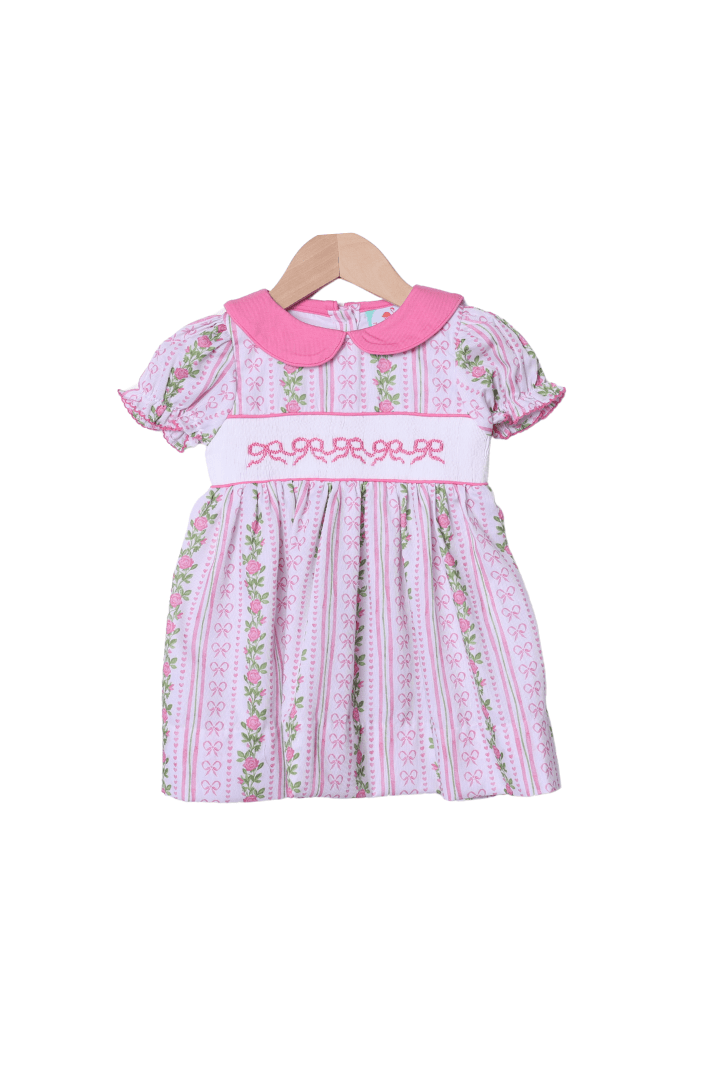 Smocked Fancy Floral Pink Collar Short Sleeve Dress 2T