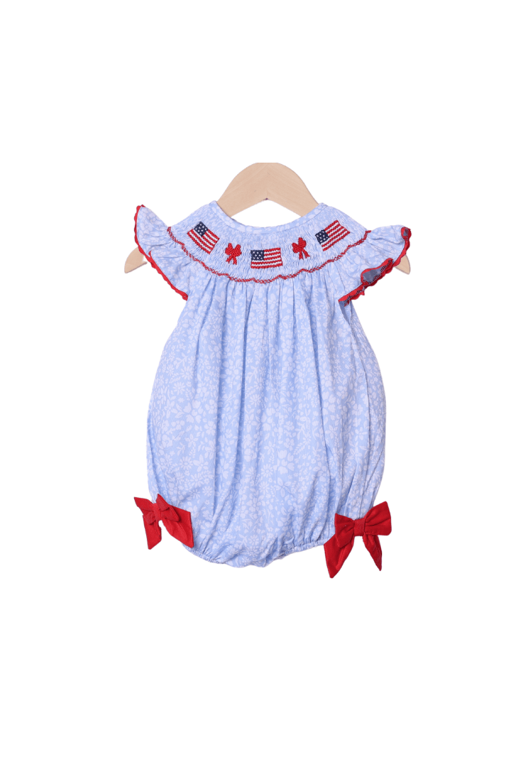 The Smocked Flamingo Apparel & Accessories Smocked Flag Blue and Bow Floral Bubble