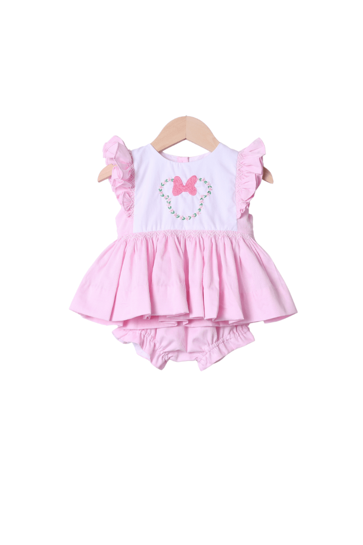The Smocked Flamingo Apparel & Accessories Smocked Floral Mouse Pink Pique Bloomer Set
