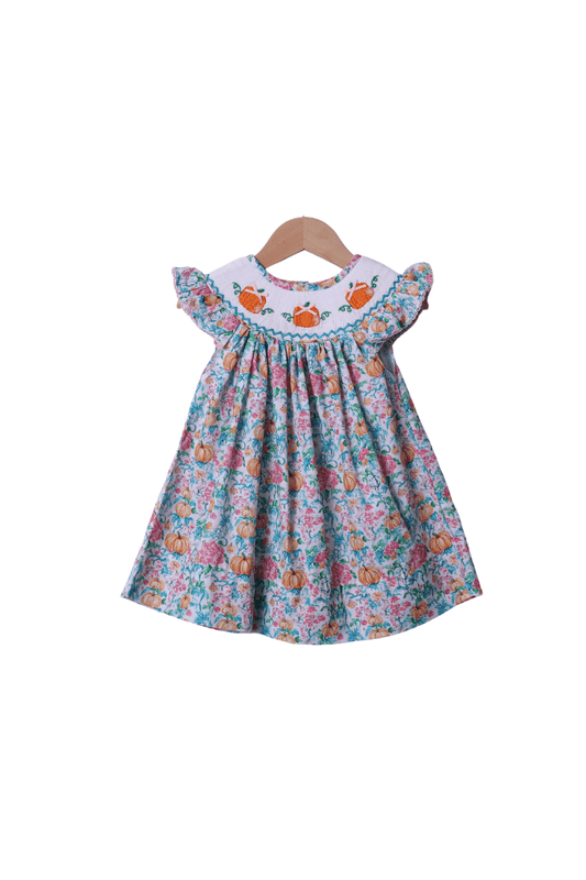The Smocked Flamingo Apparel & Accessories Smocked Floral Pumpkin Bishop Dress