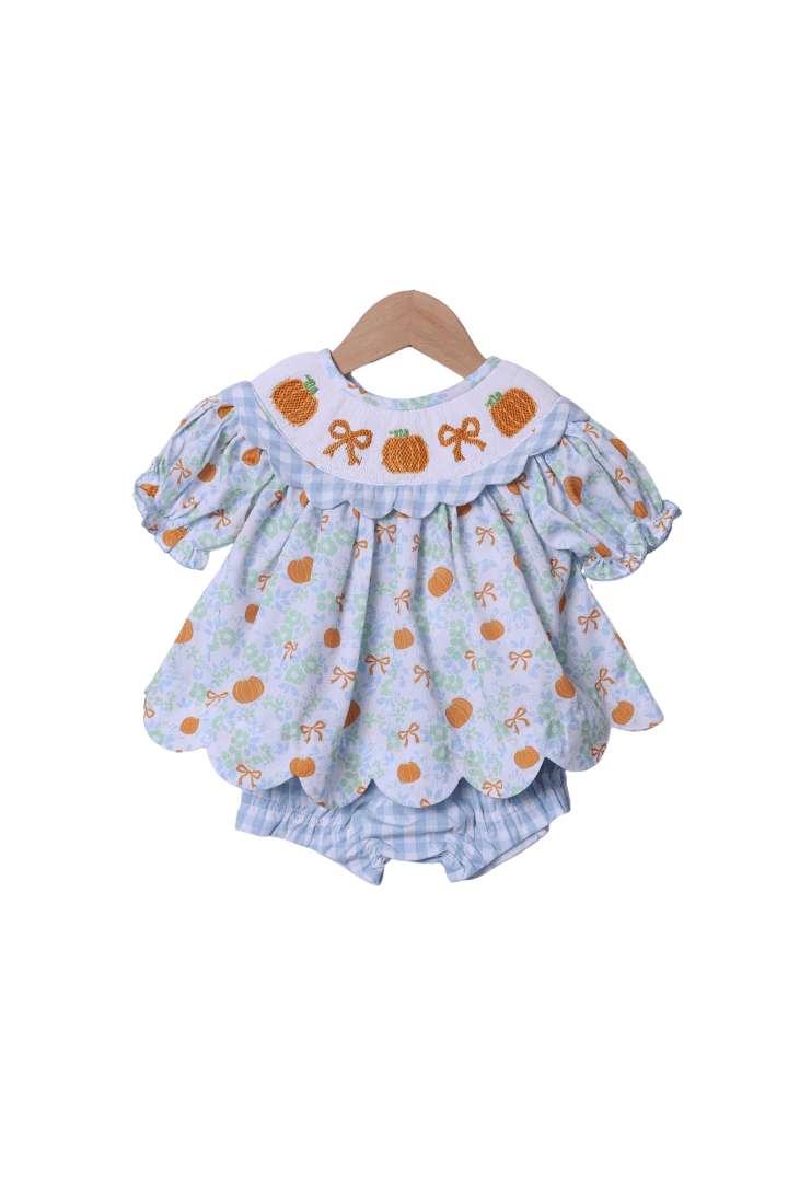 The Smocked Flamingo Apparel & Accessories Smocked Floral Pumpkin Bow Scalloped Bloomer Set