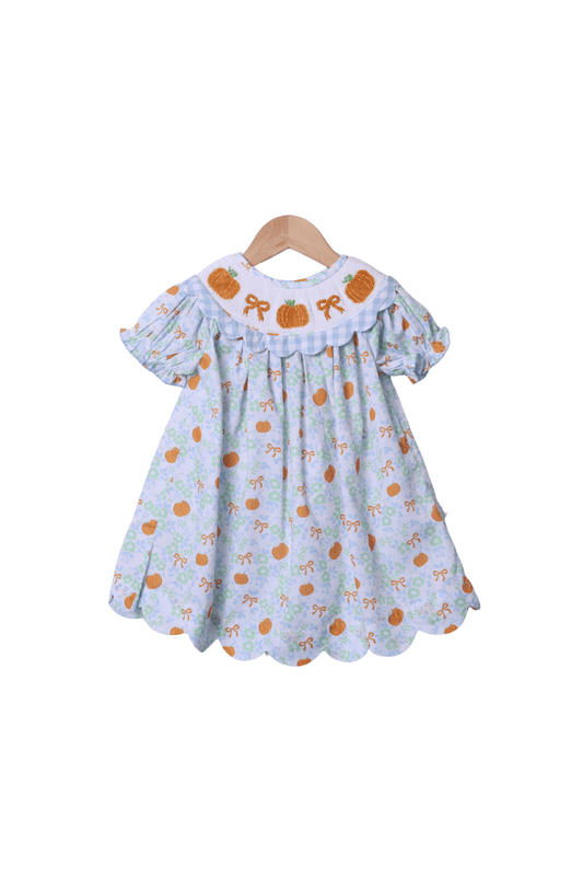 The Smocked Flamingo Apparel & Accessories Smocked Floral Pumpkin Bow Scalloped Gingham Dress