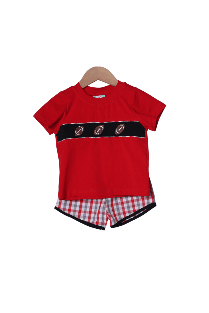 The Smocked Flamingo Apparel & Accessories Smocked Football Red, Gray and White Plaid Short Set