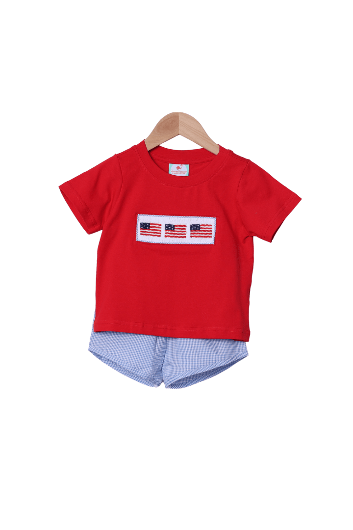 The Smocked Flamingo Apparel & Accessories Smocked Freedom Flag Red/Blue Seersucker Short Set