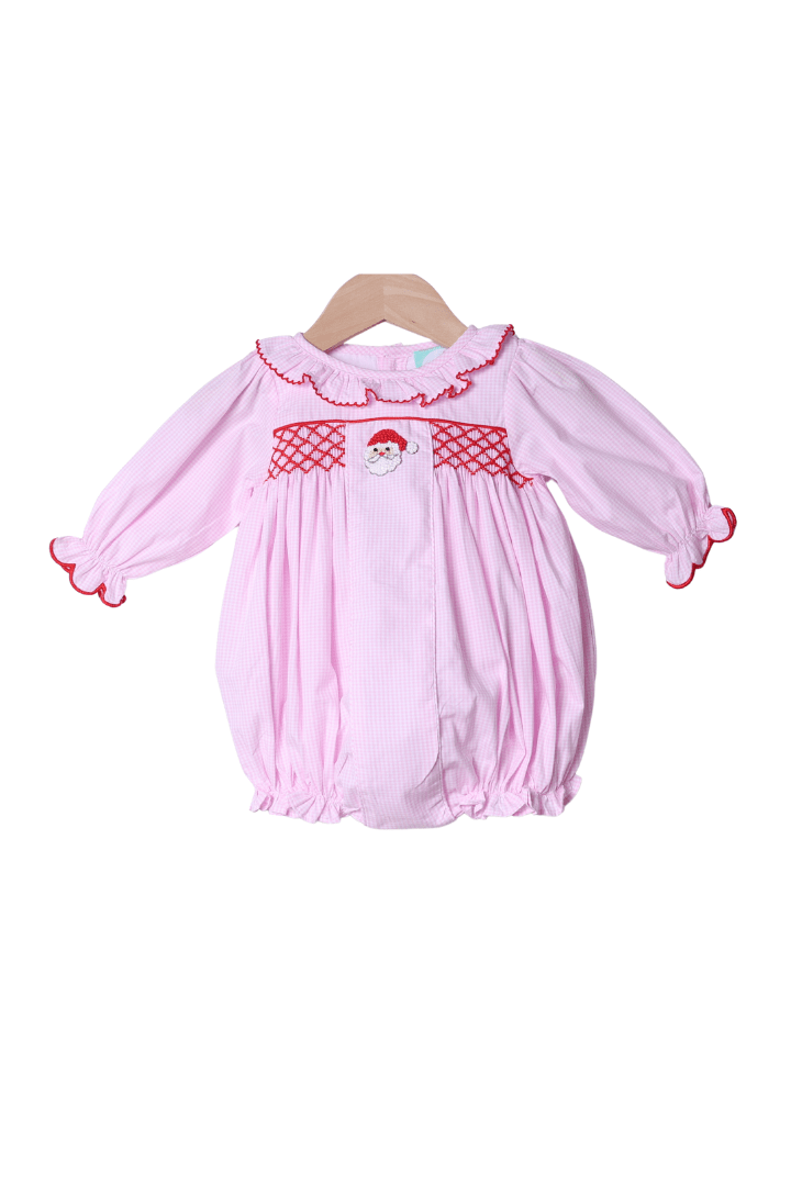 The Smocked Flamingo Apparel & Accessories Smocked/French Knot Santa Pink Gingham Ruffle Bubble