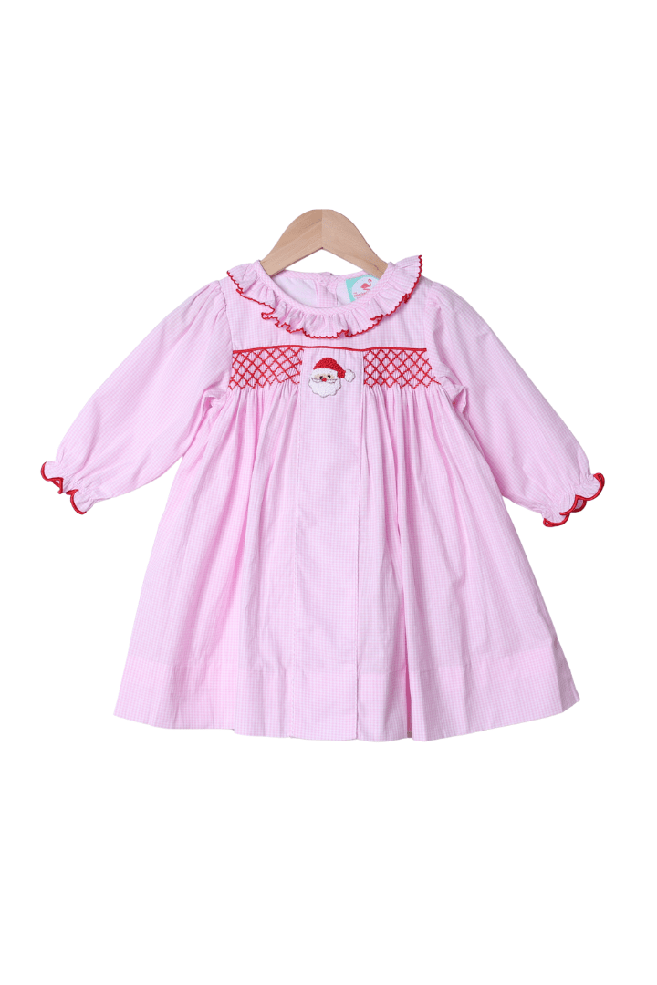 The Smocked Flamingo Apparel & Accessories Smocked/French Knot Santa Pink Gingham Ruffle Dress