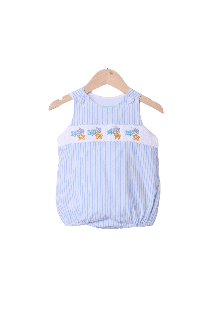 The Smocked Flamingo Apparel & Accessories Smocked French Knot Starfish Blue Pinstripe Bubble