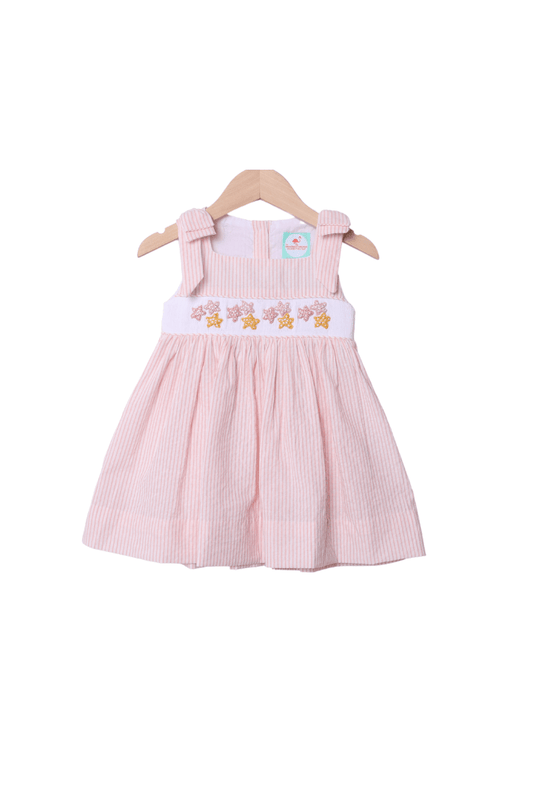 The Smocked Flamingo Apparel & Accessories Smocked French Knot Starfish Pink Pinstripe Dress