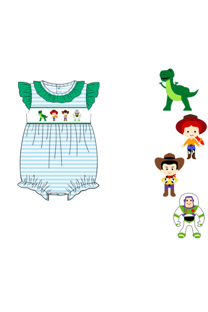 The Smocked Flamingo Apparel & Accessories Smocked Friends Blue Stripe/Green Ruffle Bubble