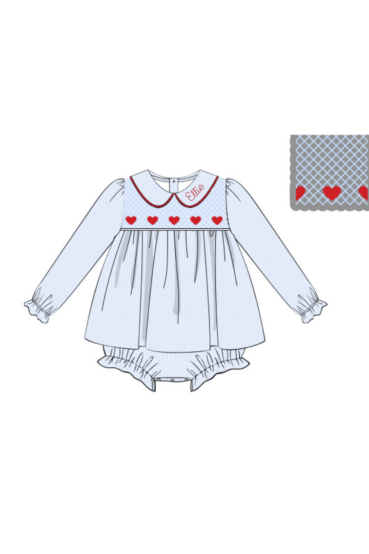 The Smocked Flamingo Apparel & Accessories Smocked Geometric Hearts Blue Gingham Skirted Bubble