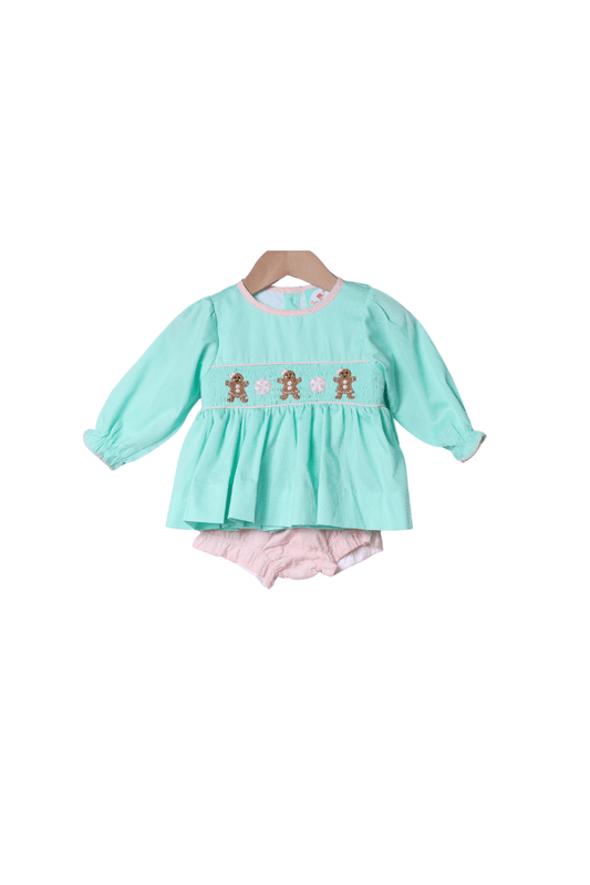 The Smocked Flamingo Apparel & Accessories Smocked Gingerbread Sweets Mint Bloomer Set