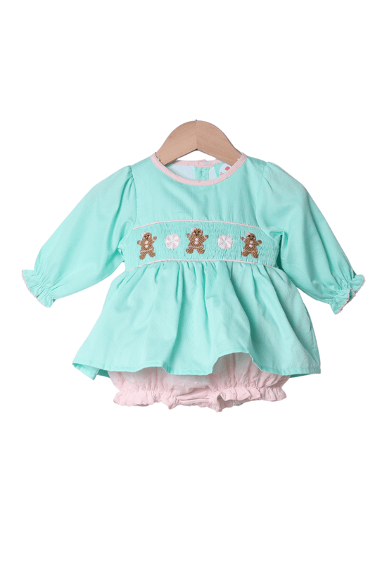 The Smocked Flamingo Apparel & Accessories Smocked Gingerbread Sweets Mint Skirted Bubble