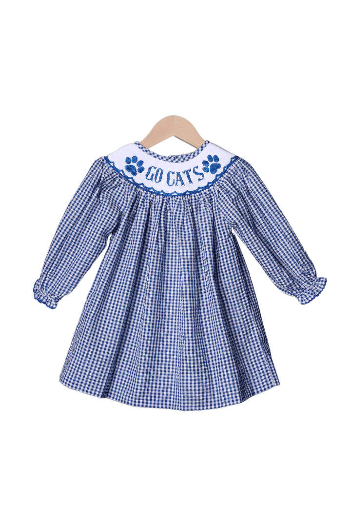 Smocked Go Cats Blue Gingham Seersucker Long Sleeve Dress The Smocked Flamingo Smocked Go Cats Blue Gingham Seersucker Long Sleeve Dress The Smocked Flamingo