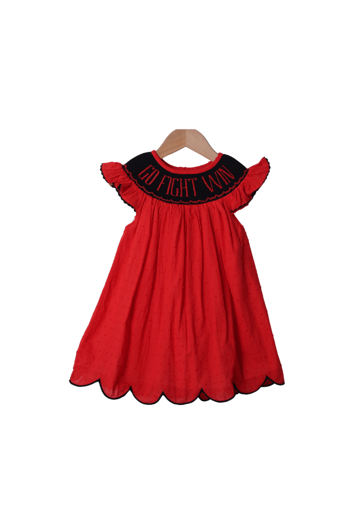 The Smocked Flamingo Apparel & Accessories Smocked Go, Fight, Win Red/Black Swiss Dot Dress