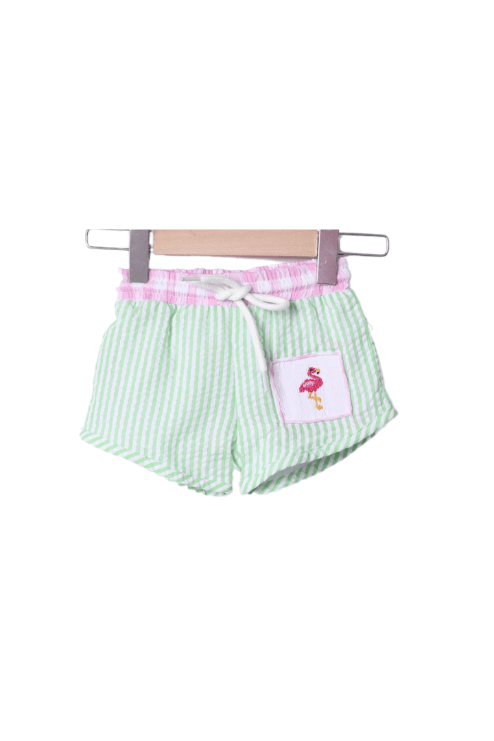 The Smocked Flamingo Apparel & Accessories Smocked Green Gingham Seersucker Flamingo Swim Trunks