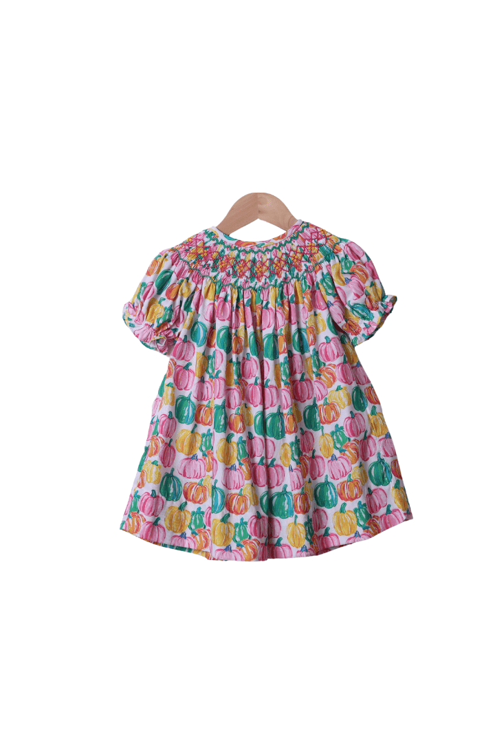 The Smocked Flamingo Apparel & Accessories Smocked Heirloom Colorful Pumpkins Dress