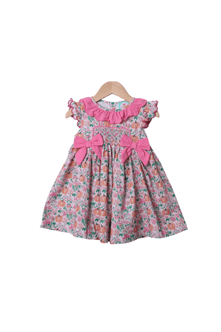 The Smocked Flamingo Apparel & Accessories Smocked Heirloom Fancy Pink Pumpkin Floral Bow Dress