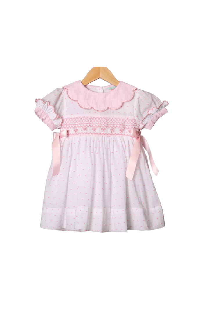 white heirloom dress Smocked Heirloom White and Pink Swiss Dot Bow Dress 2