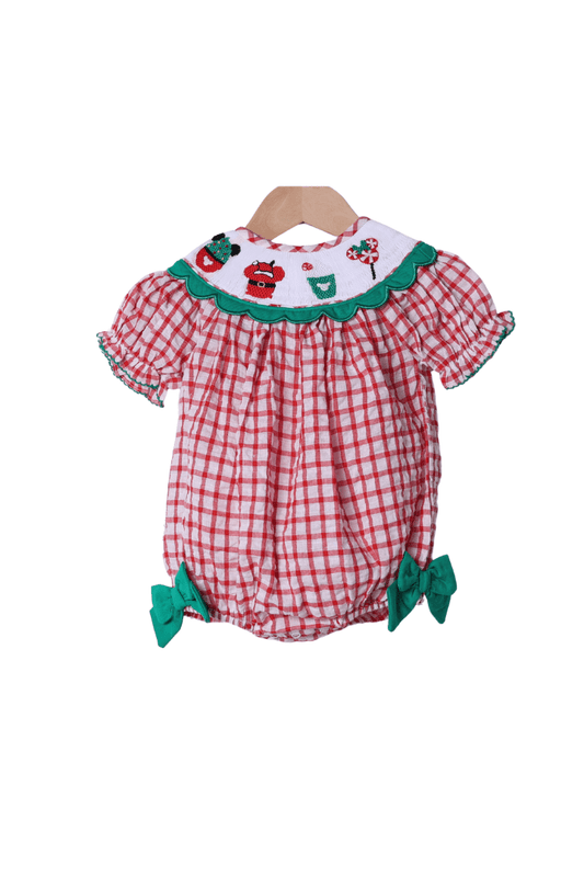 The Smocked Flamingo Apparel & Accessories Smocked Holiday Park Snacks Red Windowpane Scalloped Bubble