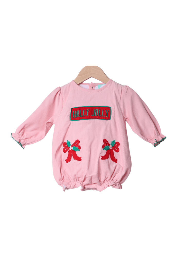 The Smocked Flamingo Apparel & Accessories Smocked Holly Jolly Pink Bow Bubble