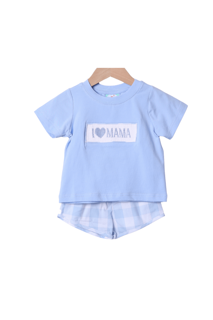 The Smocked Flamingo Apparel & Accessories Smocked I Love Mama Blue Gingham Short Set