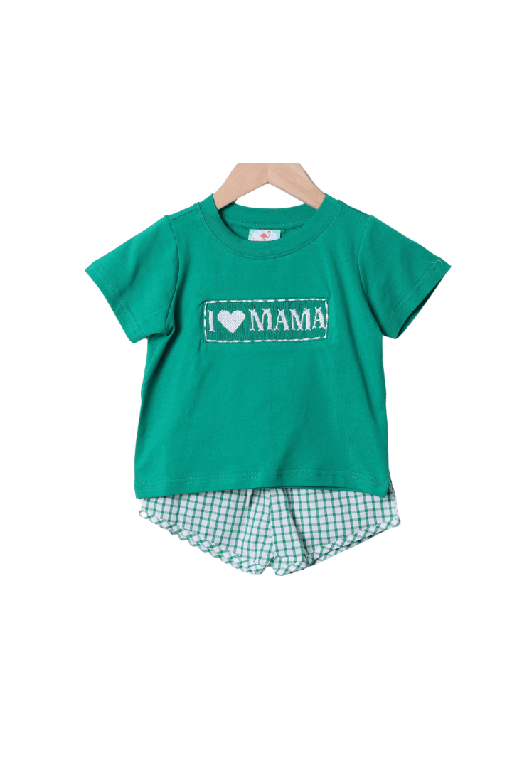 The Smocked Flamingo Apparel & Accessories Smocked I Love Mama Green Windowpane Short Set