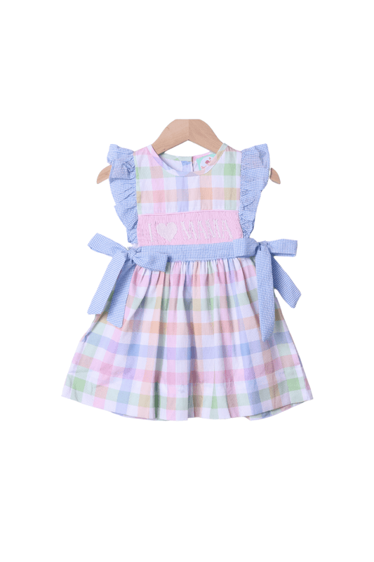 The Smocked Flamingo Apparel & Accessories Smocked I Love Mama Pastel Plaid Bow Dress