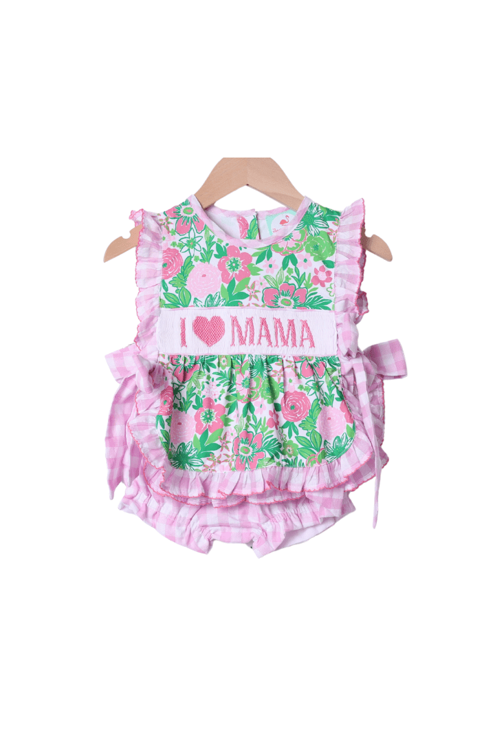 The Smocked Flamingo Apparel & Accessories Smocked I Love Mama Pink and Green Floral Apron Set