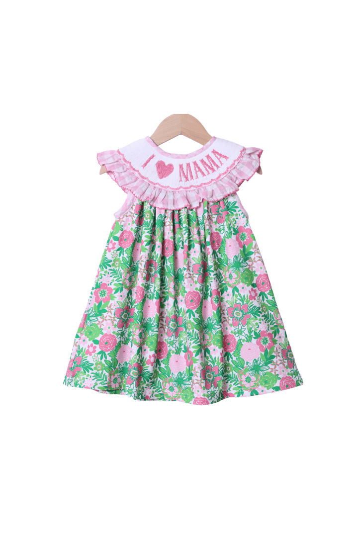 The Smocked Flamingo Apparel & Accessories Smocked I Love Mama Pink and Green Floral Dress