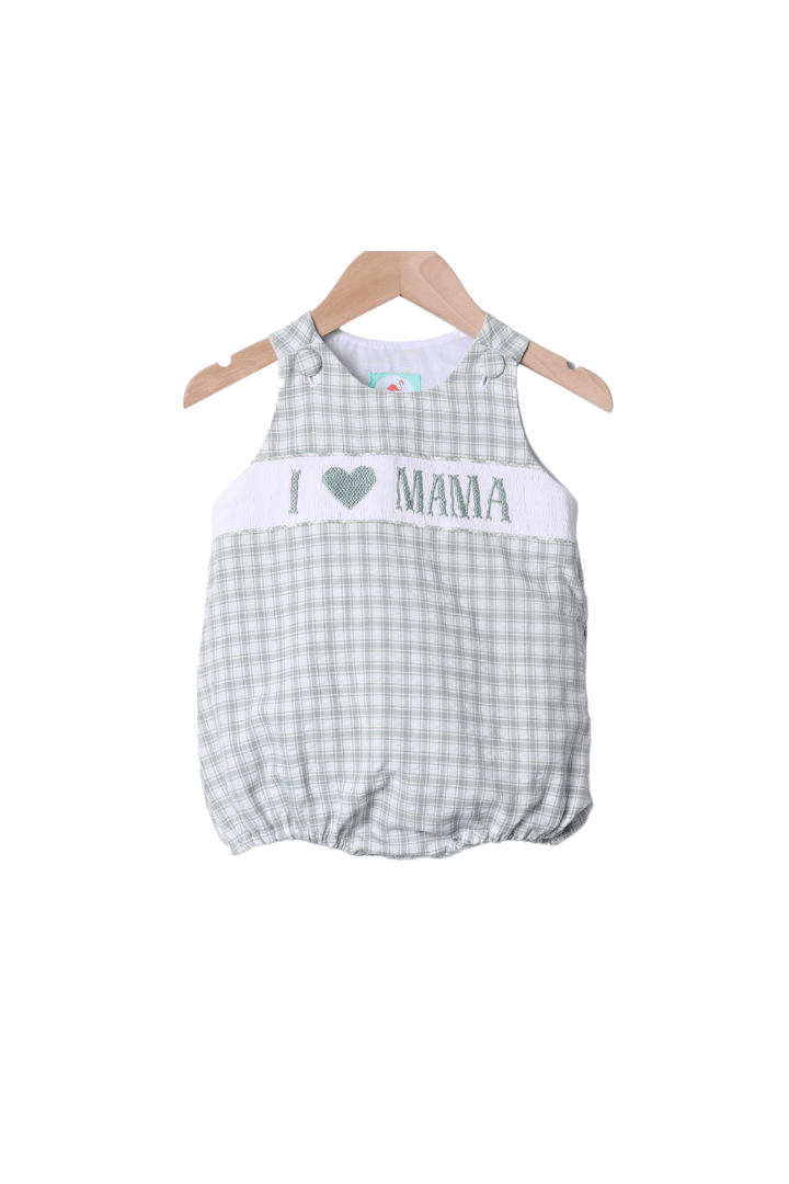 The Smocked Flamingo Apparel & Accessories Smocked I Love Mama Sage Seersucker Bubble