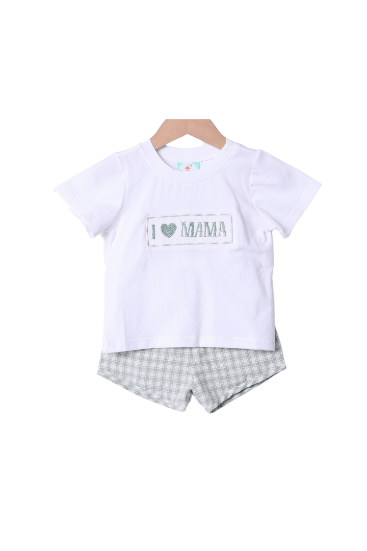 The Smocked Flamingo Apparel & Accessories Smocked I Love Mama Sage Seersucker Short Set