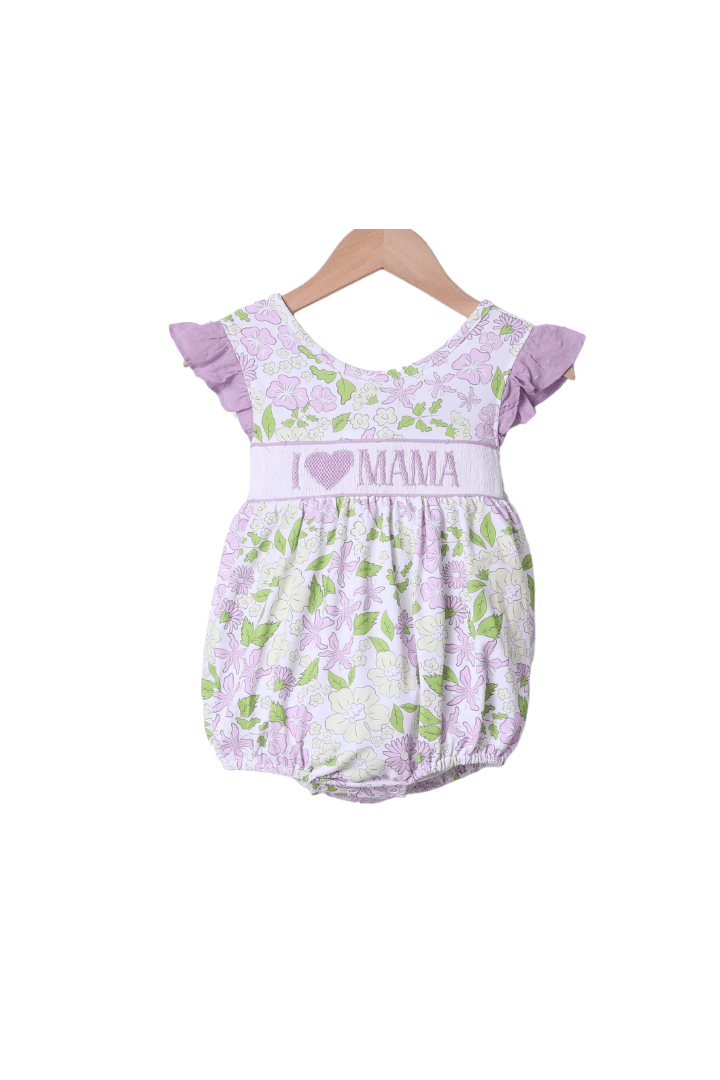 The Smocked Flamingo Apparel & Accessories Smocked I Love Mama Yellow and Lavender Floral Bow Bubble