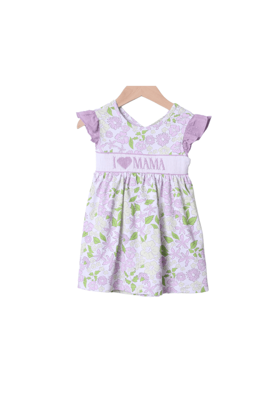 The Smocked Flamingo Apparel & Accessories Smocked I Love Mama Yellow and Lavender Floral Bow Dress