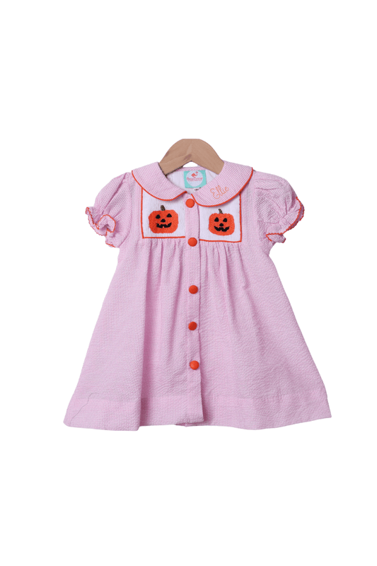 The Smocked Flamingo Apparel & Accessories Smocked Jack O Lantern Pink Seersucker Dress