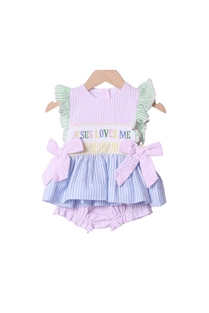 The Smocked Flamingo Apparel & Accessories Smocked Jesus Loves Me Seersucker Colorblock Bloomer Set