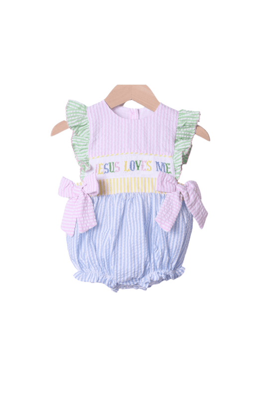 The Smocked Flamingo Apparel & Accessories Smocked Jesus Loves Me Seersucker Colorblock Bubble