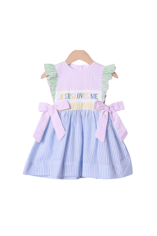 The Smocked Flamingo Apparel & Accessories Smocked Jesus Loves Me Seersucker Colorblock Dress