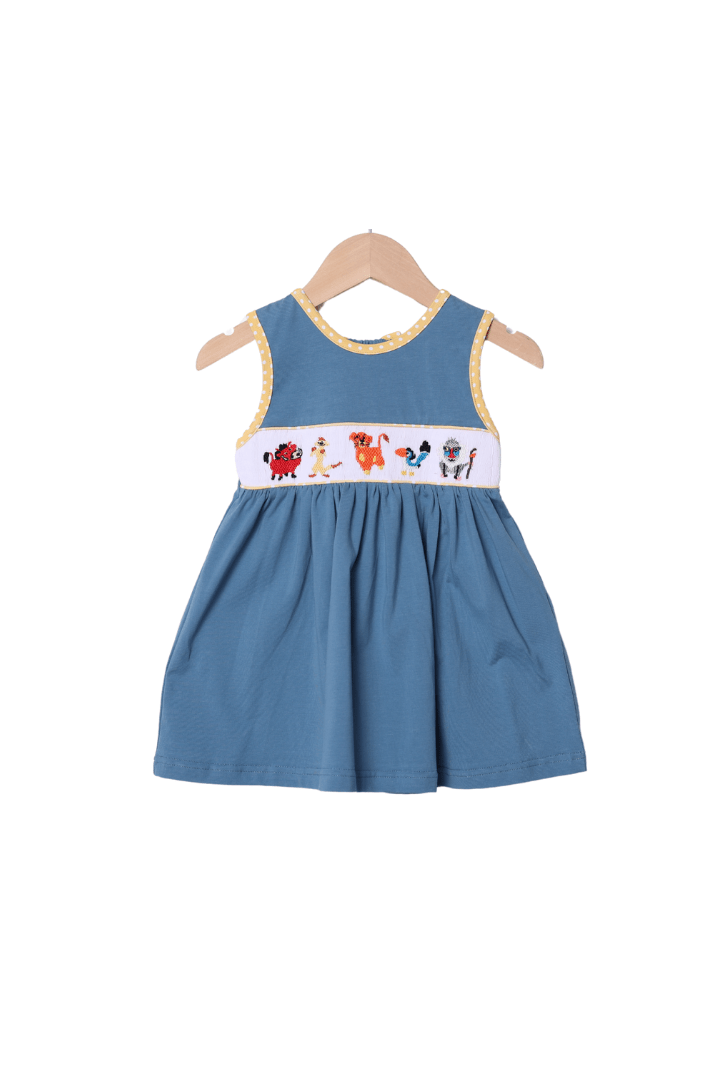 The Smocked Flamingo Apparel & Accessories Smocked Lion and Friends Stone Blue Knit Dress
