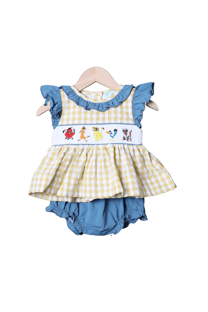 Smocked Lion Friends Blue Stone Yellow Seersucker Bloomer Set The Smocked Flamingo Smocked Lion Friends Blue Stone Yellow Seersucker Bloomer Set The Smocked Flamingo