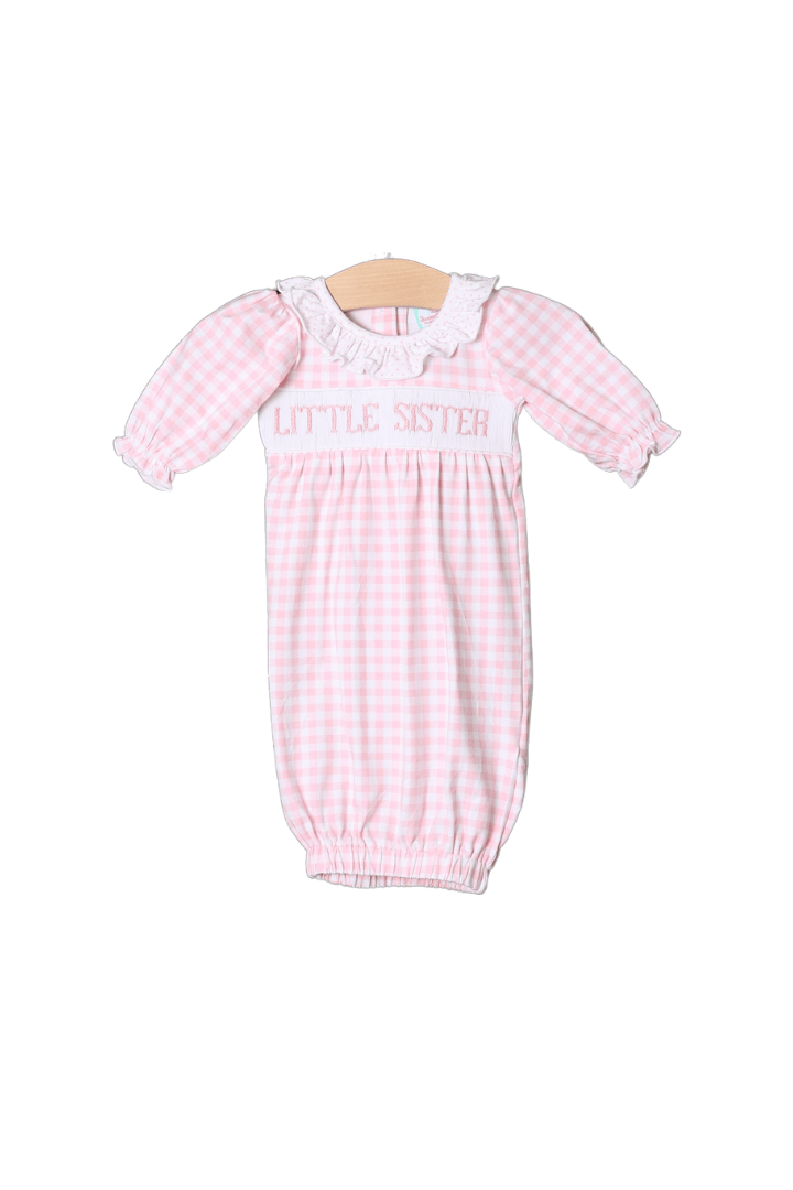 Smocked Little Sister Pink Gingham Gown The Smocked Flamingo Smocked Little Sister Pink Gingham Gown The Smocked Flamingo