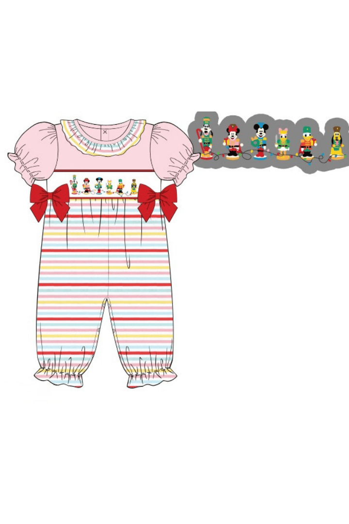The Smocked Flamingo Apparel & Accessories Smocked Merry Mouse Friends Striped Bow Romper