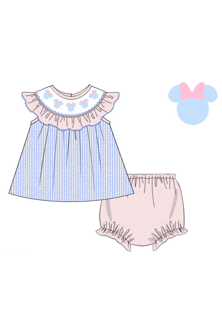 The Smocked Flamingo Apparel & Accessories Smocked Mouse Blue Seersucker Bow Set