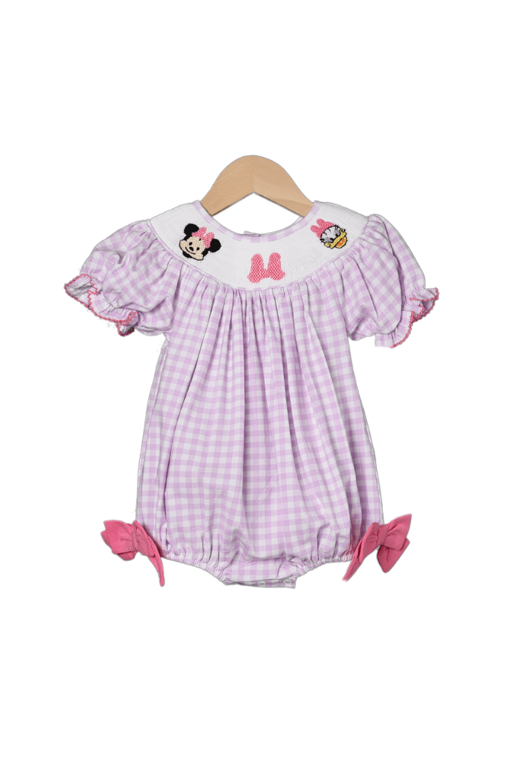 Smocked Mouse Bow Lavender Gingham Bubble, 9M Smocked Mouse Bow Lavender Gingham Bubble, 9M