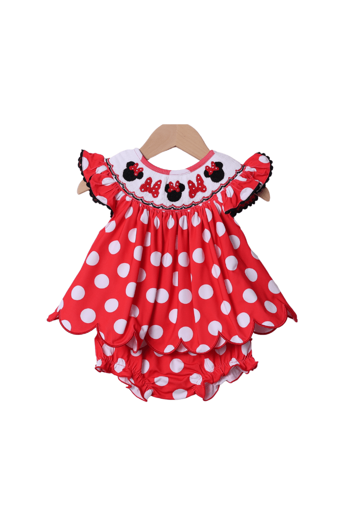 The Smocked Flamingo Apparel & Accessories Smocked Mouse Bow Red Polka Dot Bloomer Set