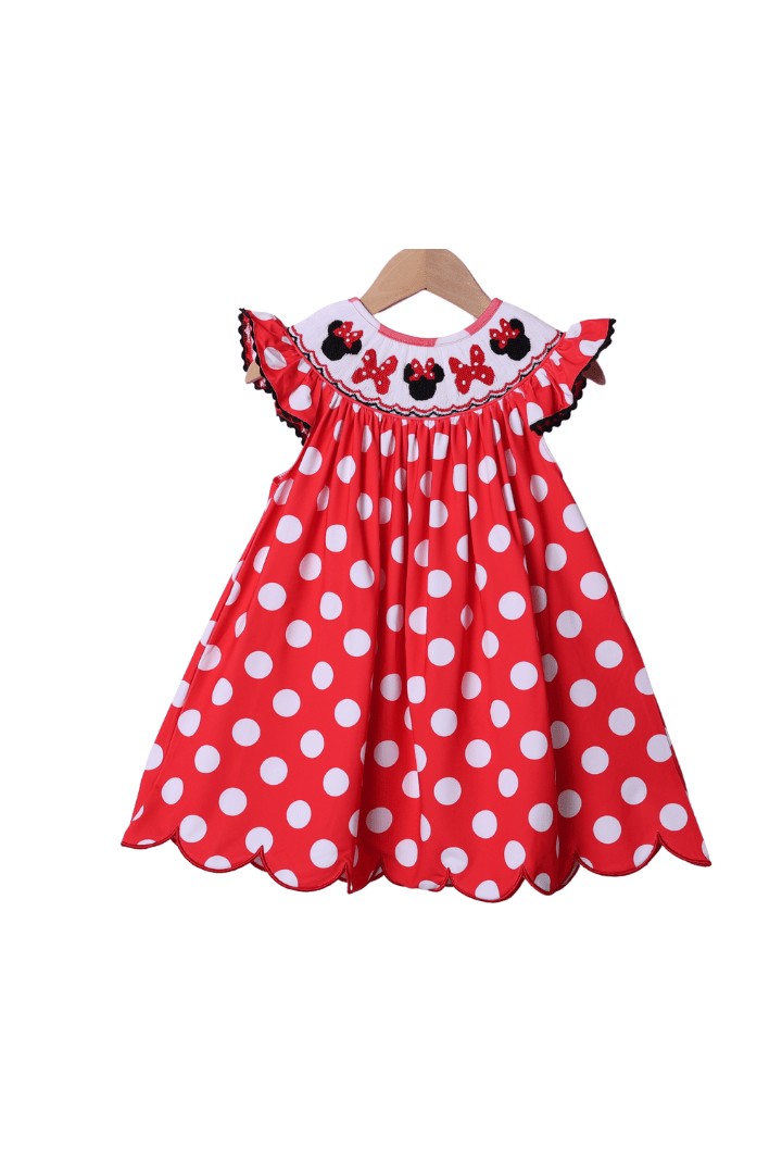 The Smocked Flamingo Apparel & Accessories Smocked Mouse Bow Red Polka Dot Dress