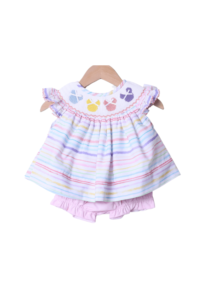 The Smocked Flamingo Apparel & Accessories Smocked Mouse Pastel Stripe Bloomer Set